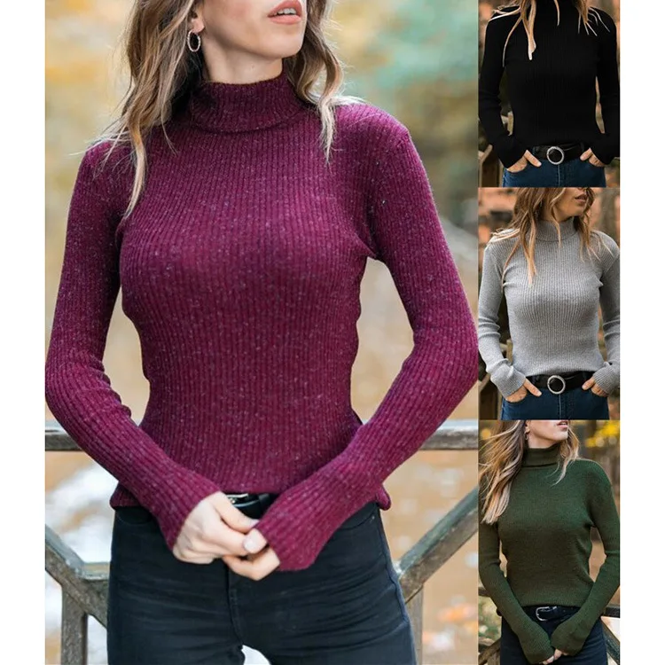 

Spot 2020 popular European and American spring and autumn solid color leisure Pullover women's high neck long sleeve slim sweate