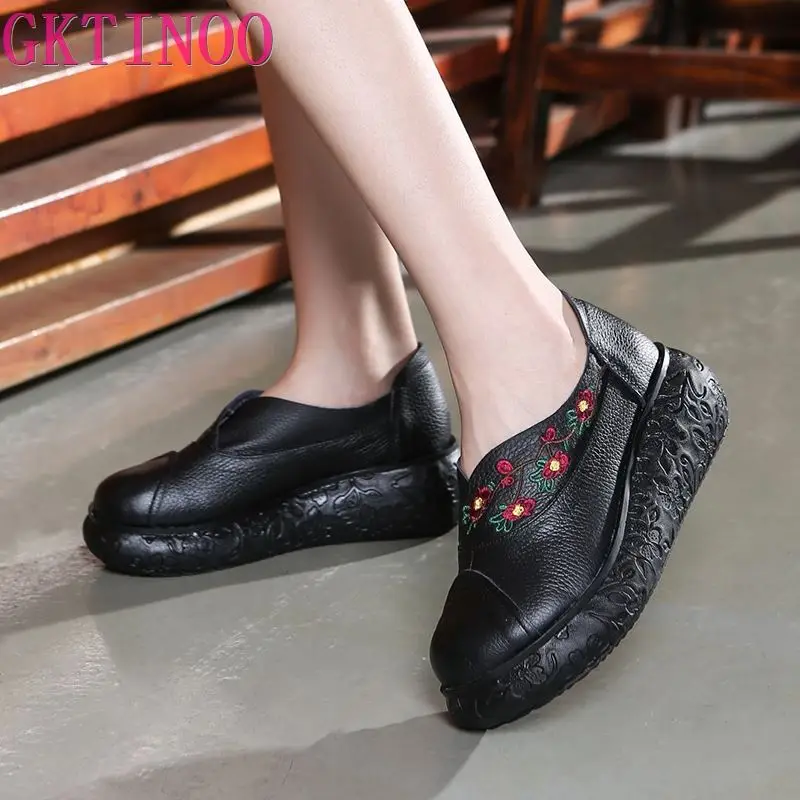 

GKTINOO 2020 Women Autumn Genuine Leather High Heels Shoes Handmade Vintage Embroider Flower Platform Wedges Shoes Woman Pumps