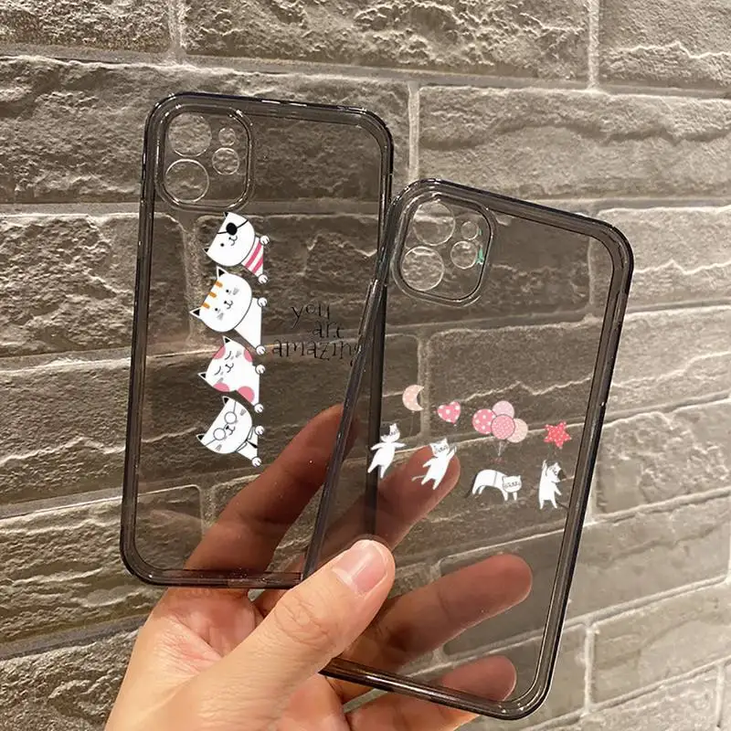 

Creative white Cute cartoon cat Phone Case For iPhone 12 11 8 7 se 2020 mini pro X XS XR MAX Plus Black Transparent Cover