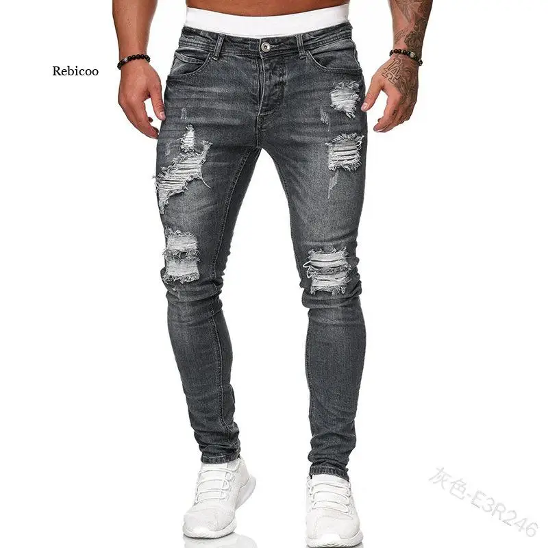 Men's Sweatpants Sexy Hole Jeans Pants Casual Summer Autumn Male Ripped Skinny Trousers Slim Biker Outwears Pants