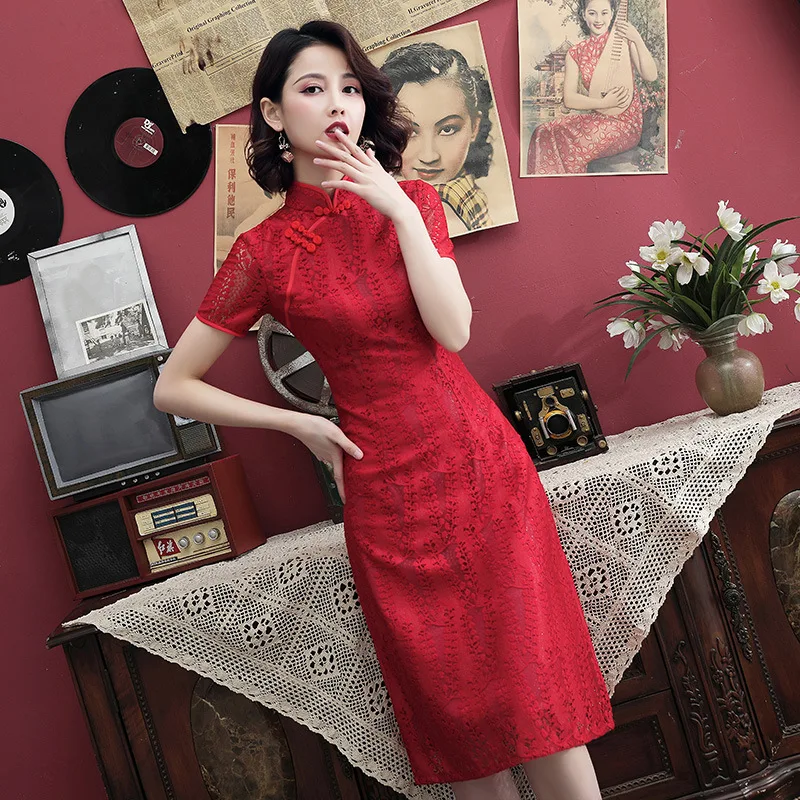 FZSLCYIYI 2019 летнее Современное женское короткое Кружевное китайское платье Ципао