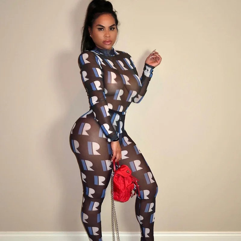 

Zoctuo Two Piece Set For Women Long Sleeve Print Mesh 2 Piece Matching Sets See Through Skinny Sexy Party Tracksuit 2021 New