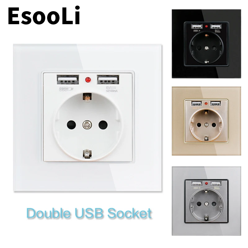 Настенная розетка EsooLi Gold USB европейская белая стеклянная панель два USB-порта для