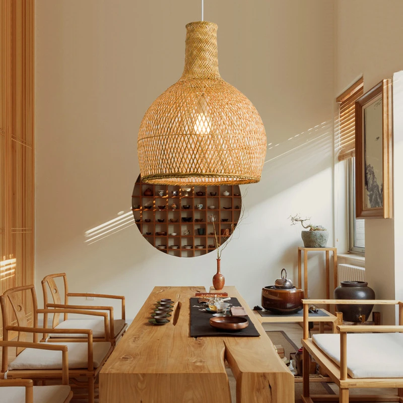 Круглая бамбуковая плетеная Подвесная лампа ротанговый каркас с затеняющим