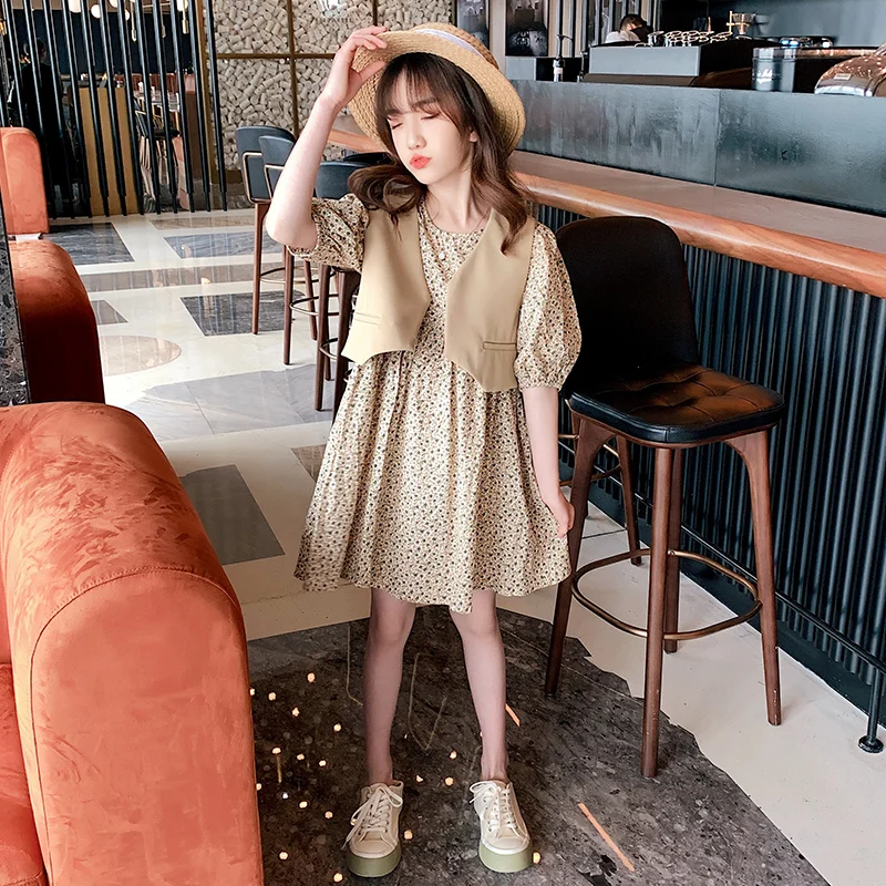 

2021 New Girls Dress Summer Style Clothes Cotton Print Fashion Princess Skirt Loose Casual Children Clothing 4-16 Years Old