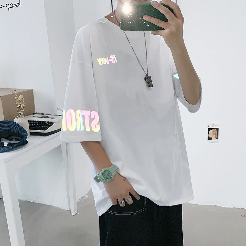 Мужские Светоотражающие футболки летняя хлопковая Футболка с принтом уличная