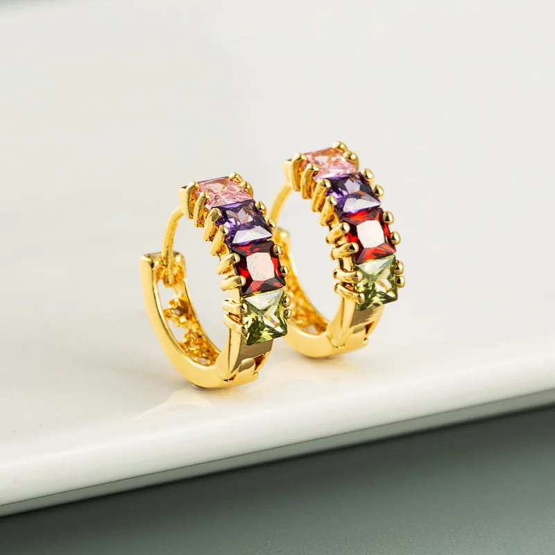 

Bohemia Multicolor Rainbow Hoop Earrings Dazzling Colorful Crystal Zircon Inlay Small Huggies Lovely Earring Piercing For Girls