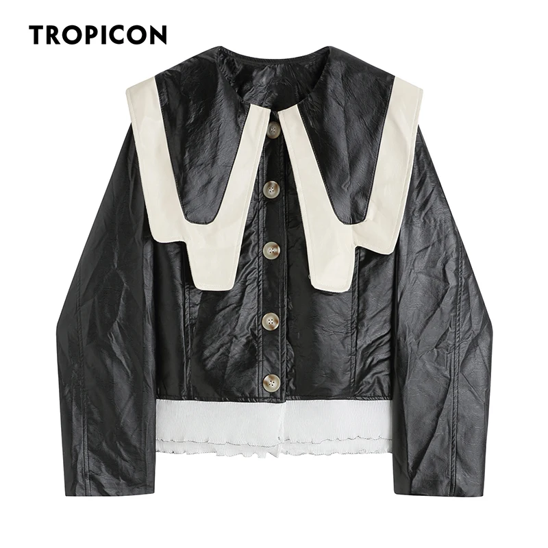 

Винтажные черные куртки TROPICON из искусственной кожи для женщин 2021, осенние пальто в стиле пэчворк, модная осенняя одежда