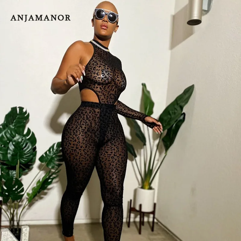 

ANJAMANOR Leopard Mesh Black Pant Suits Sexy Club Outfits for Women 2 Piece Set Bodysuit Leggings Wholesale Items D85-CH18