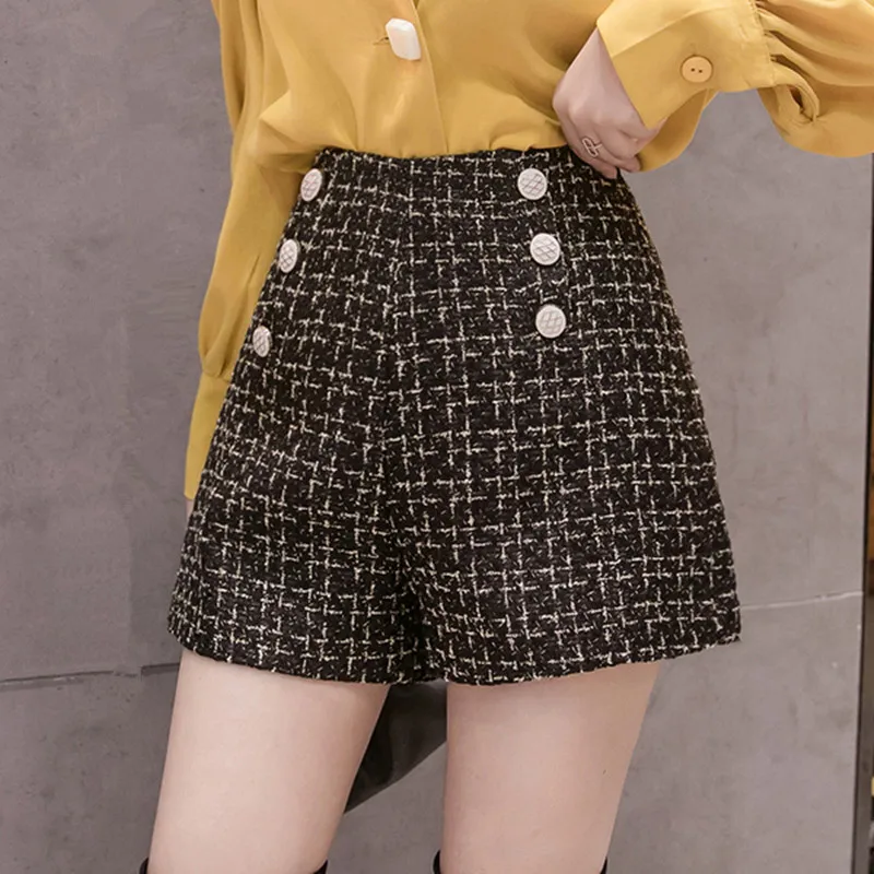 Женские твидовые шорты в стиле ретро двубортные блестящие тканевые широкие