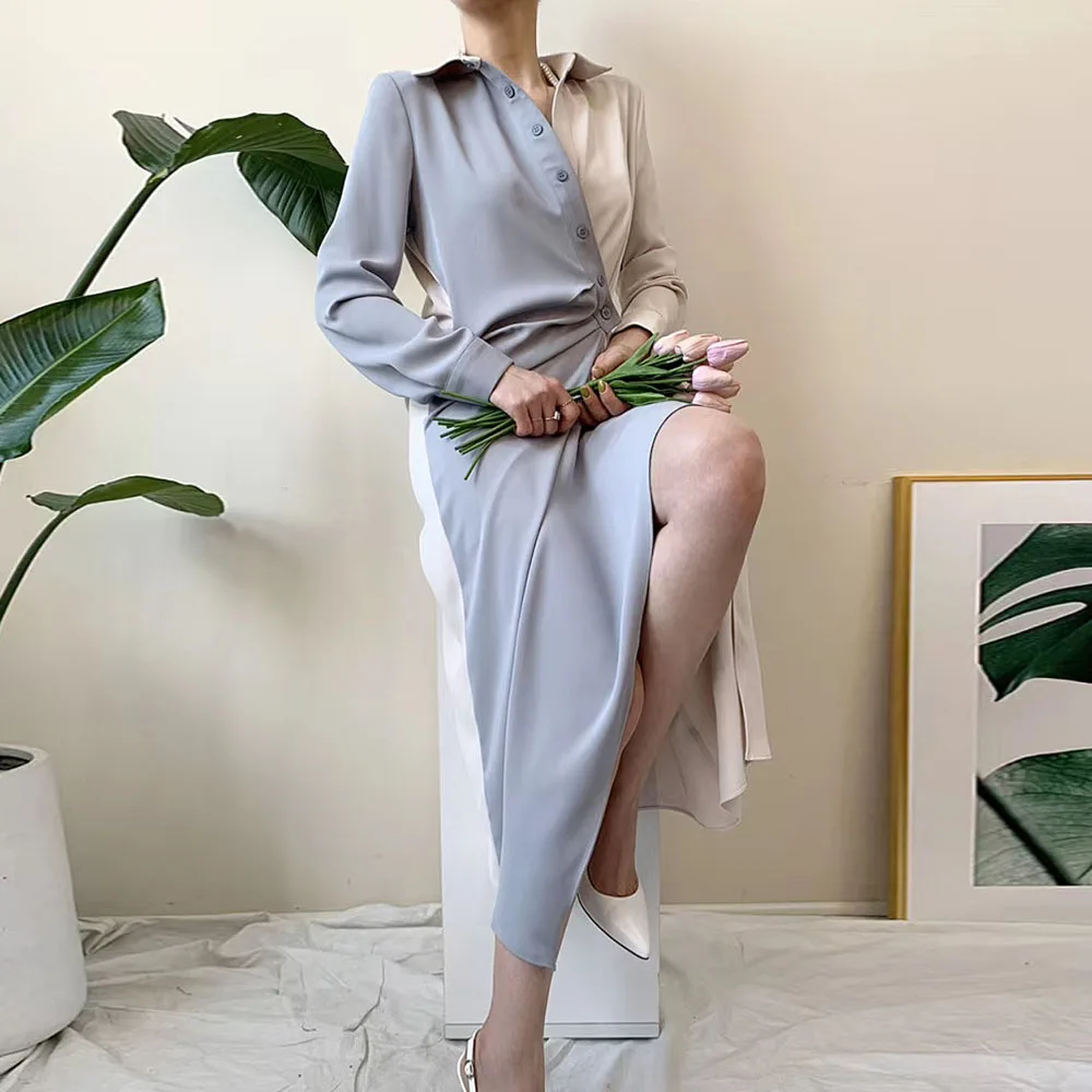 Женское асимметричное платье рубашка офисное контрастных цветов с рюшами