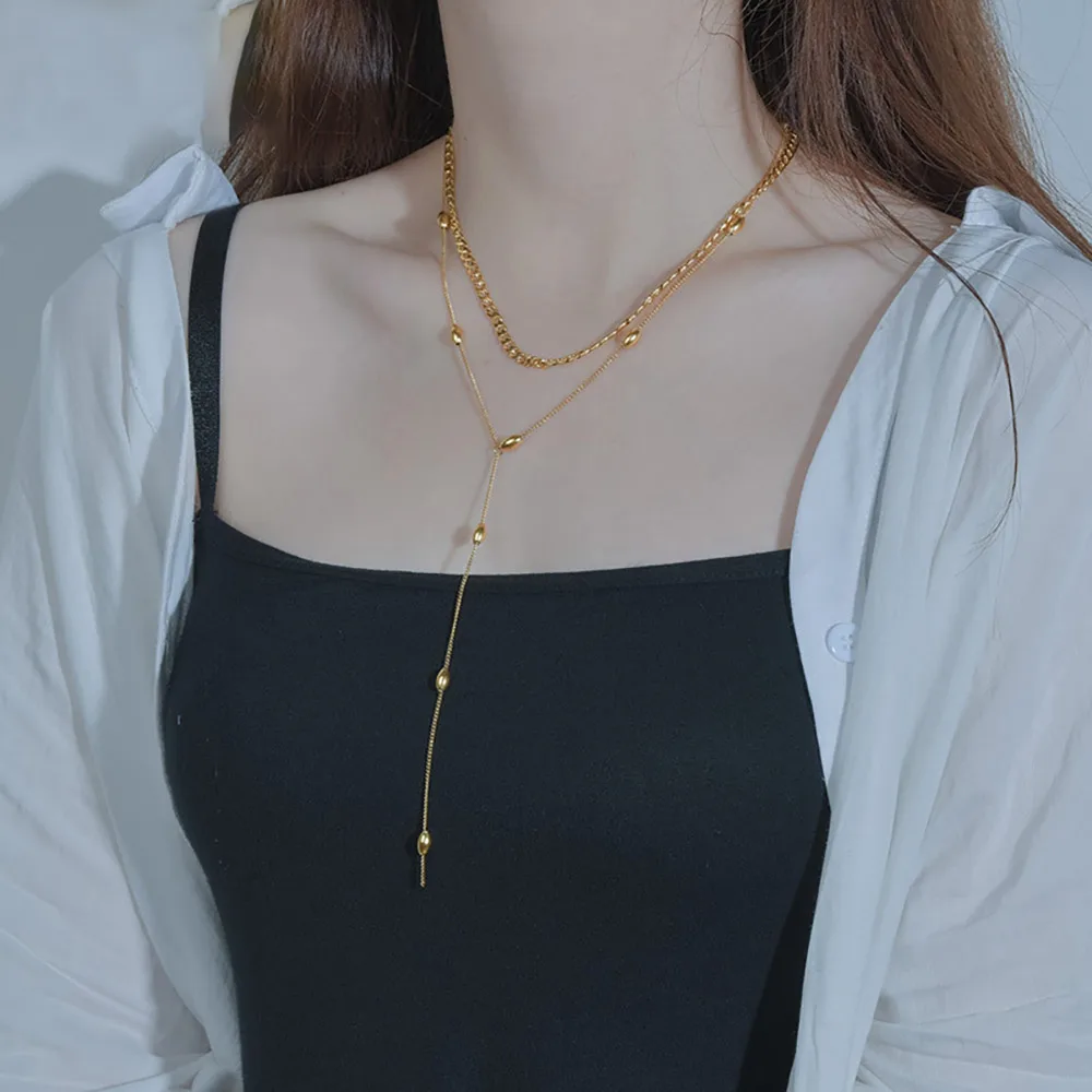 

FINE4U N655 Double Layered Chain Choker Necklace Stainless Steel Oval Beads Necklace Dainty Delicate Jewelry