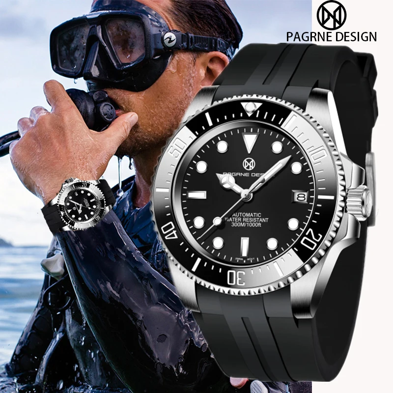 

PAGRNE DESIGN New Men's Automatic Waterproof Watch Luxury Sapphire Glass Mechanical Watch Stainless Steel 300M Diving Watch