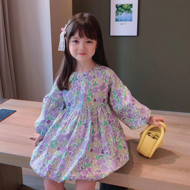 

Girls Korean Fashion Summer Dresses Long Sleeve Spring Kids Flowers Print Princess Vestidos Children Party Clothing