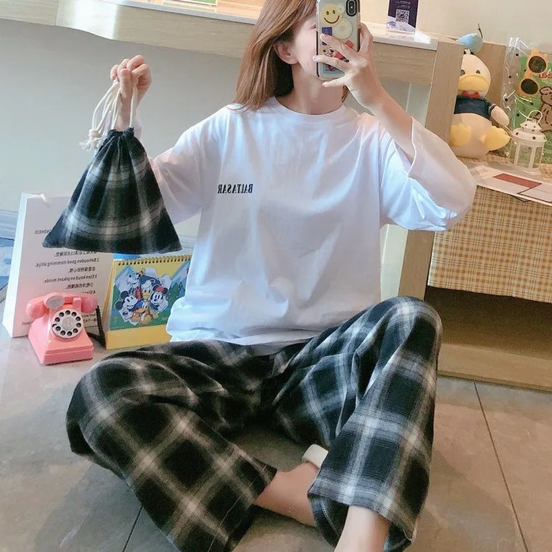 Home Clothes for Women Sleepwear Set Plaid Pants Letter Solid Top Pajamas for Women Pijamas Mujer Spring and Autum Pyjamas Women