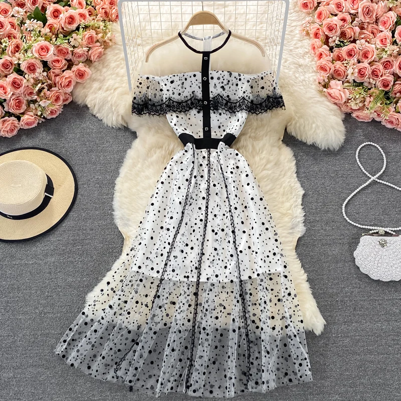 

Женское модельное платье в горошек, элегантное лоскутное праздничное платье Вечерние коротким рукавом и оборками, кружевное платье с высок...