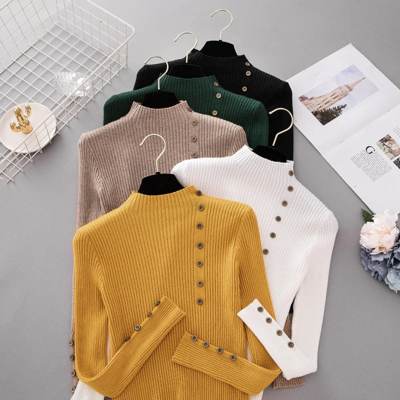 

INS autumn Fashion Button Turtleneck Sweater shirts Women Solid Knitted Pullover ldies Slim Soft Jumper Sweater Female Knit Tops