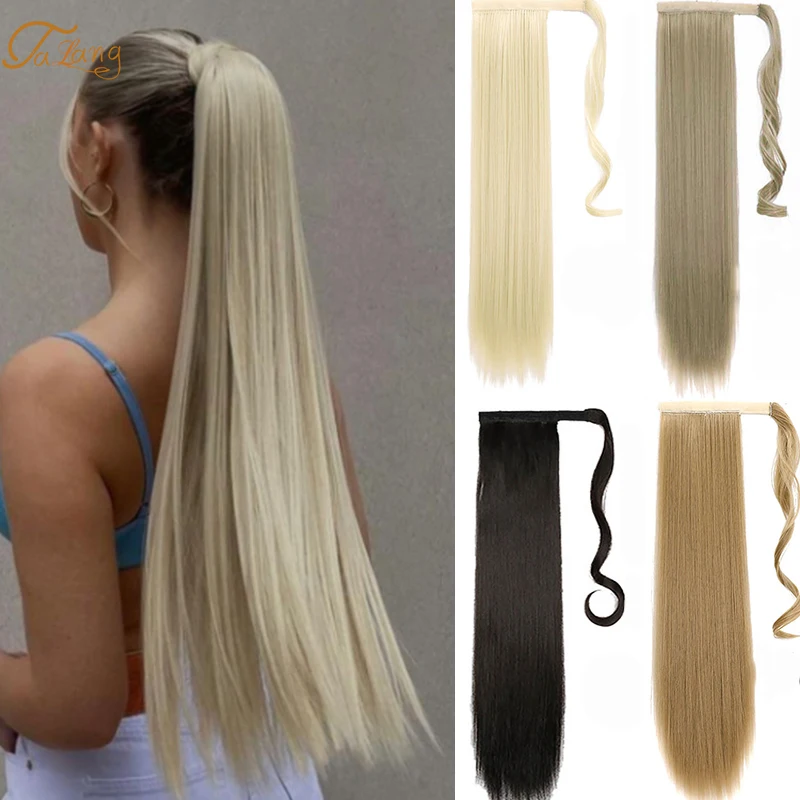 Long Straight Clip in Hair Tail Wrap Around Ponytail Extension  With Hairpins High temperature Headwear Synthetic Ponytai