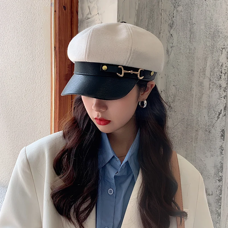 

2021 New Fashion Beret Women Leather Brim Octagonal Hat Korean Style Winter Warm Woolen Sailor Caps British Retro Painter Hats