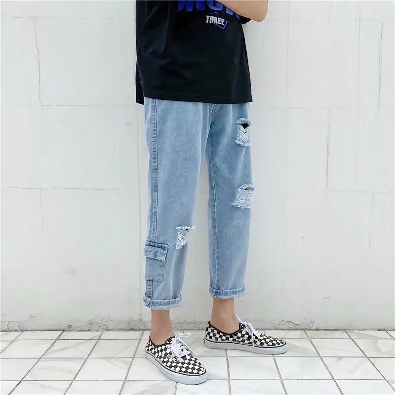 Jeans Ripped Mens Pants Straight Loose Capri-Pants Korean Blue Jeans Casual Male Hiphop Fashion Streetwear Distressed Jeans