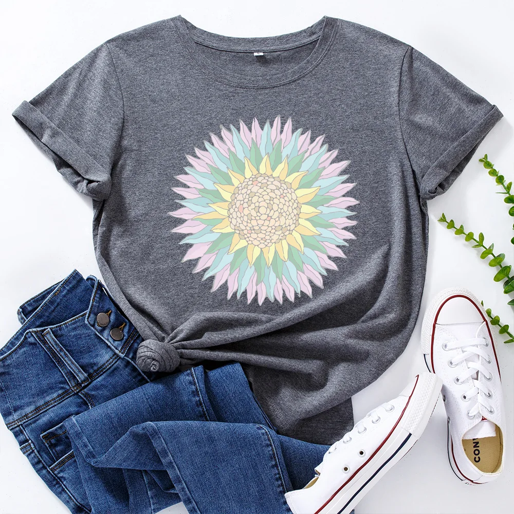 

New 2021 Women Summer Loose T Shirt Casual Short Sleeve Tops Tees Creative Sunflower Print O-Neck T-Shirt Shirts Mujer Camisetas