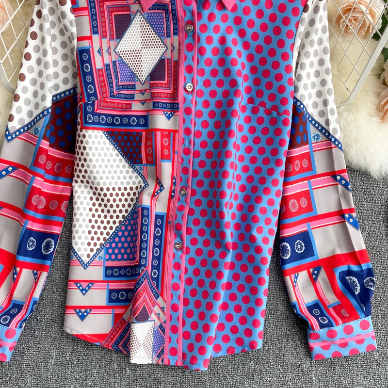 

Women Geometric Dot Print Blouse Korean Turndown-Collar Single Breasted Casual Top Spring Chic Retro Streetwear Blouse