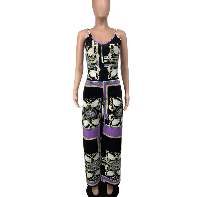 

FNOCE 2021 new spring women's jumpsuits African style fashion trends casual sexy print backless loose Sling full jumpsuits