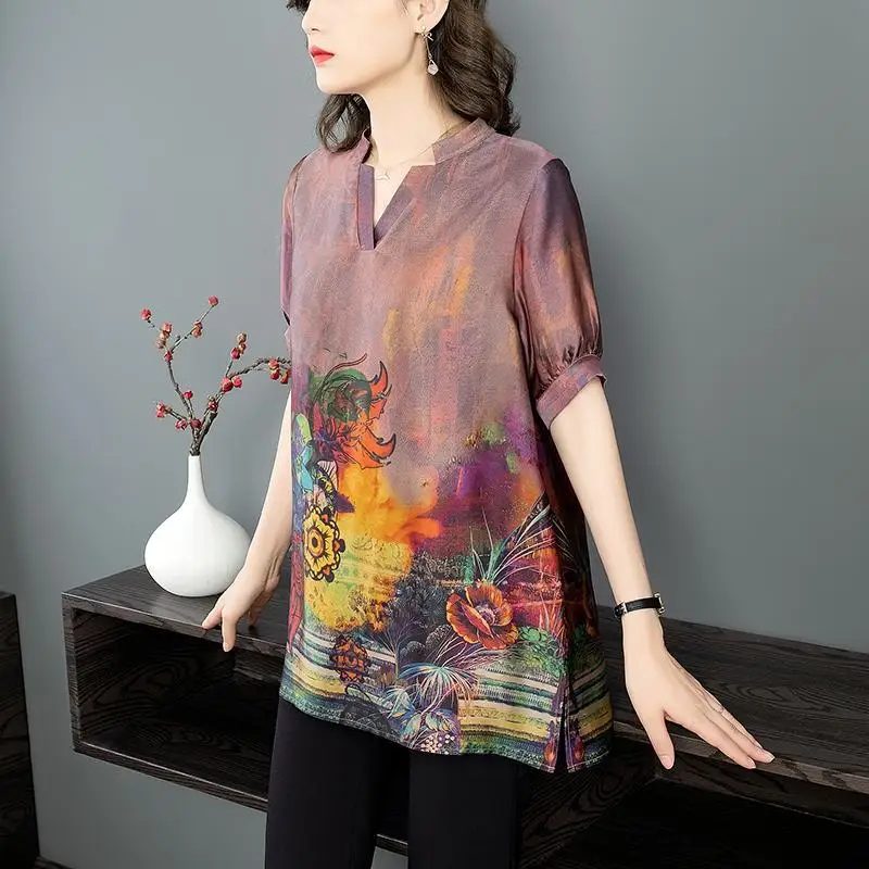 

Imitation Silk Shirt Print Short Sleeve Satin Blouse Women Summer Ladies Office Shirts Womens Tops and Blouses Plus Size Y32