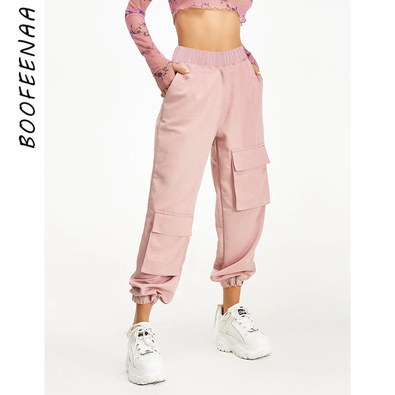 Женские брюки карго BOOFEENAA черные или розовые мешковатые спортивные для активного
