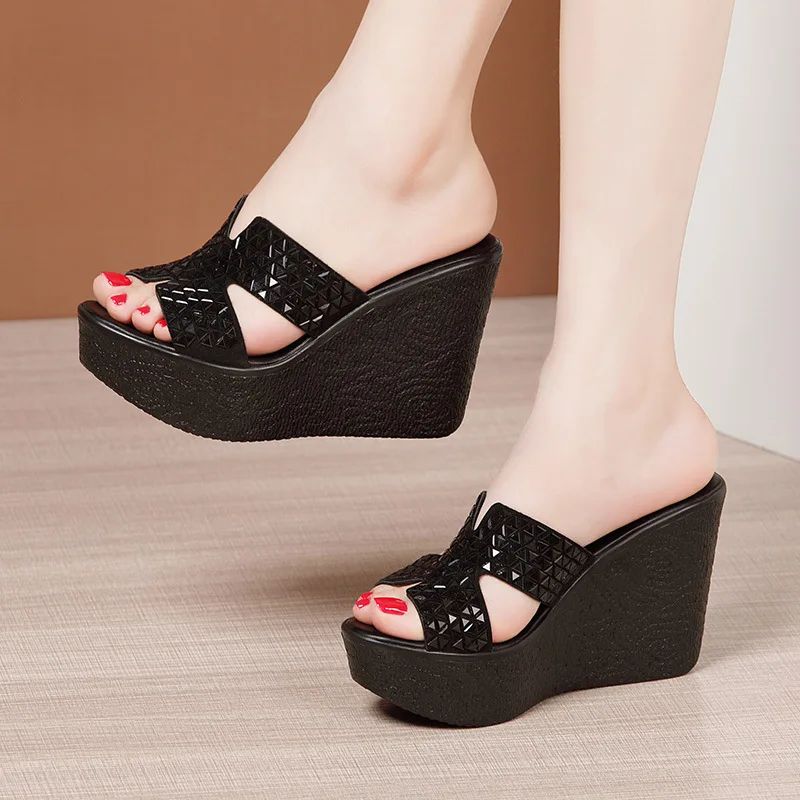 

Summer 2021 New 11cm High Heel Sandals Women Wedges Heel Platform Fish Mouth Peep Toe Fashion Footwear Black