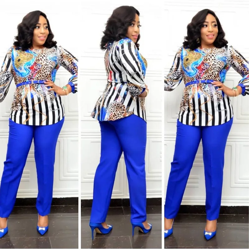 

Pluse Size Vintage Elegant Women 2 piece set Long Sleeve Printed Chiffon Top and pencil Pant matching Set Office Ladies Suit