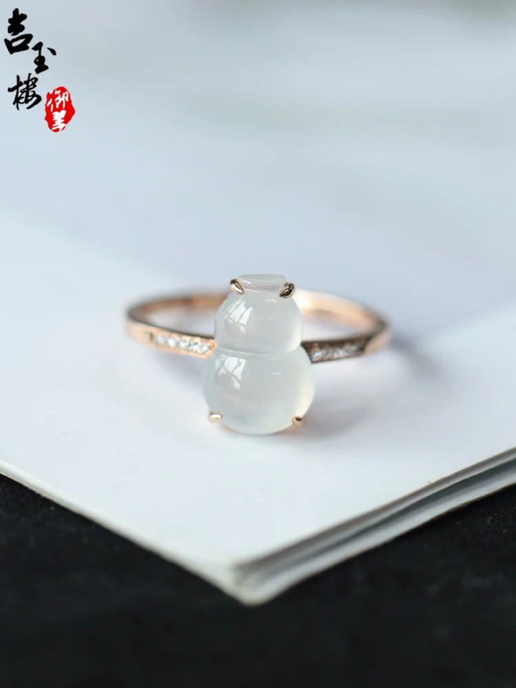 

Jizulou Royal Jade Natural Myanmar a Goods Ice-like Jade Gourd Ring 18K Gold Inlaid Diamond Jade Ring Gem Female