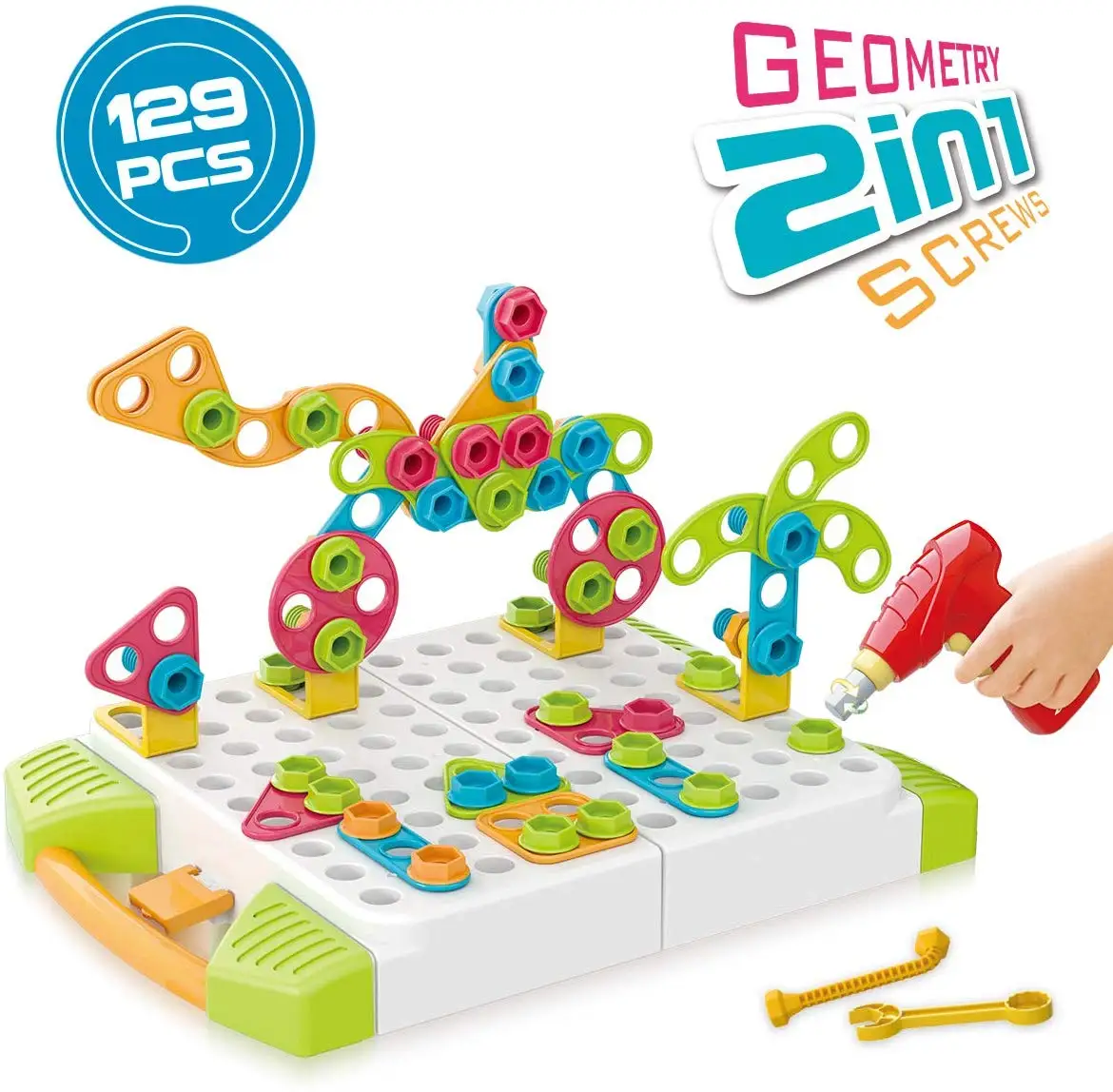 

Electric Drill STEM Learning Toys 129 Pieces Set, DIY Building Blocks Construction Peg Board 3D Puzzle Toy Kit with Spanner Tool