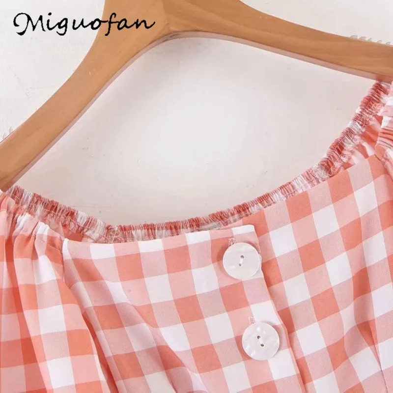 Женское платье с открытыми плечами Miguofan винтажное мини-платье принтом в клетку