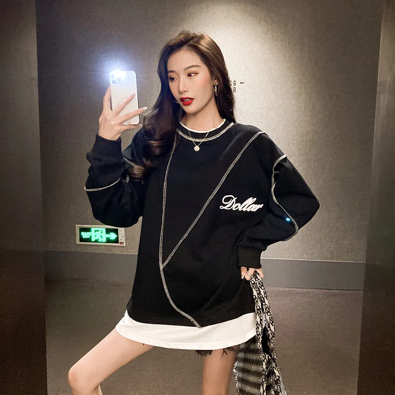 

Round Neck Hoodies 2020 New Women's Autumn Loose Loose Mid-length Long-sleeved Tops Spring and Autumn and Plus Velvet Oversized