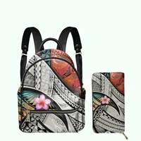 polynesian tribal plumeria design fashion mini pu backpack clutch wallet 2pcsset for lady girls small schoolbag luxury satchel