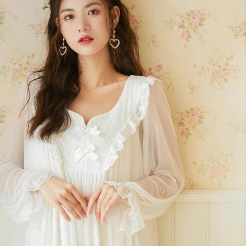 

2021 Princess White Full Sleeves Elegant Lace Nightgown Women Sexy V-Neck Long Style Night Dress Soft Cotton Sleepwear Spring