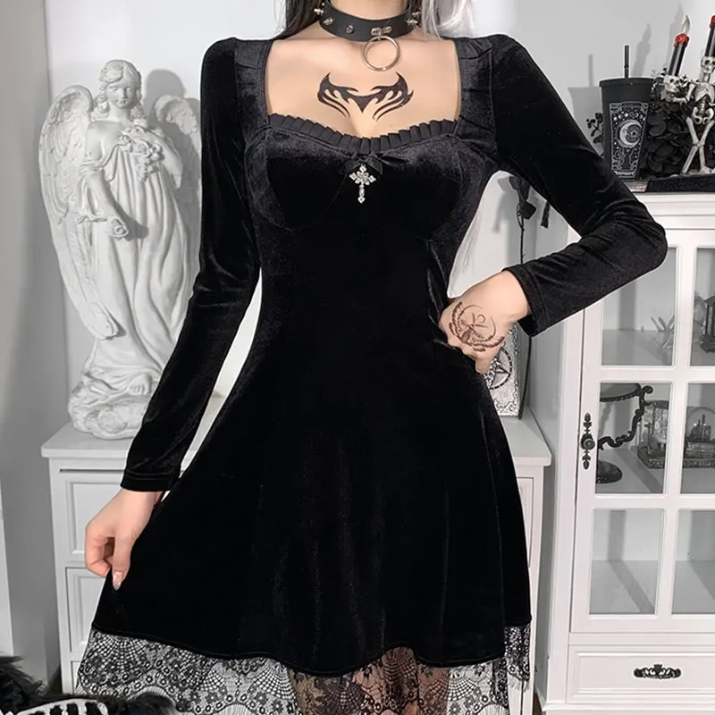 

Y2K New Women’s Fashion Solid Color Gothic Dress Casual Long Sleeve High Waist Lace Trim A-line Dress for Autumn