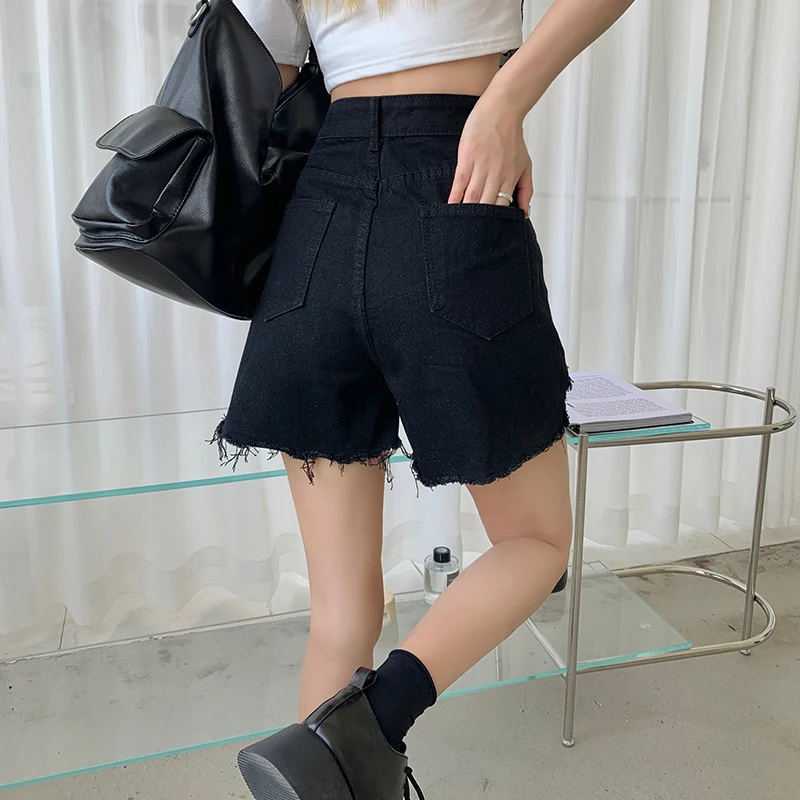 

FMFSSOM 2021 Summer Women Chains Retro Blue Denim Shorts Streetwear High Waist Loose Asymmetrical Tassel Ladies Jeans Shorts