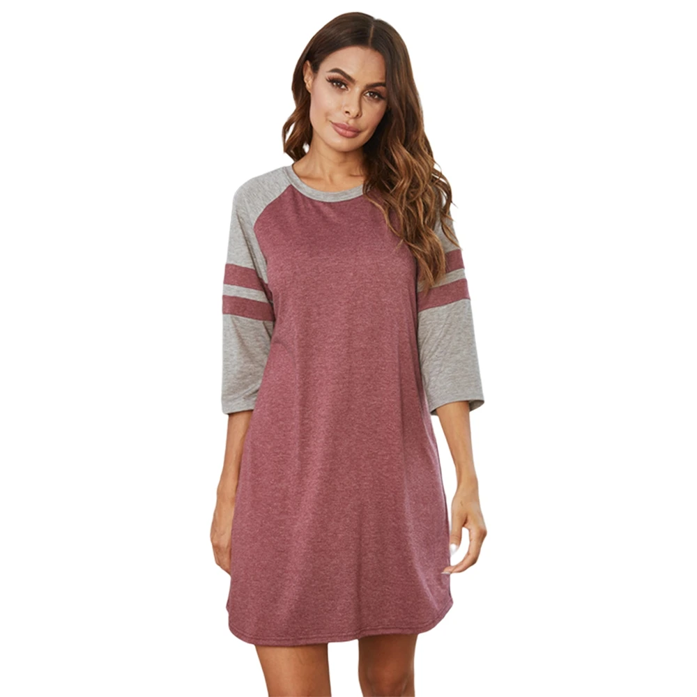 

Women Dress 3/4 Sleeve O Neck Color Block Loose Mini Nightdress Sleepwear Homewear Underwear HYUJN1