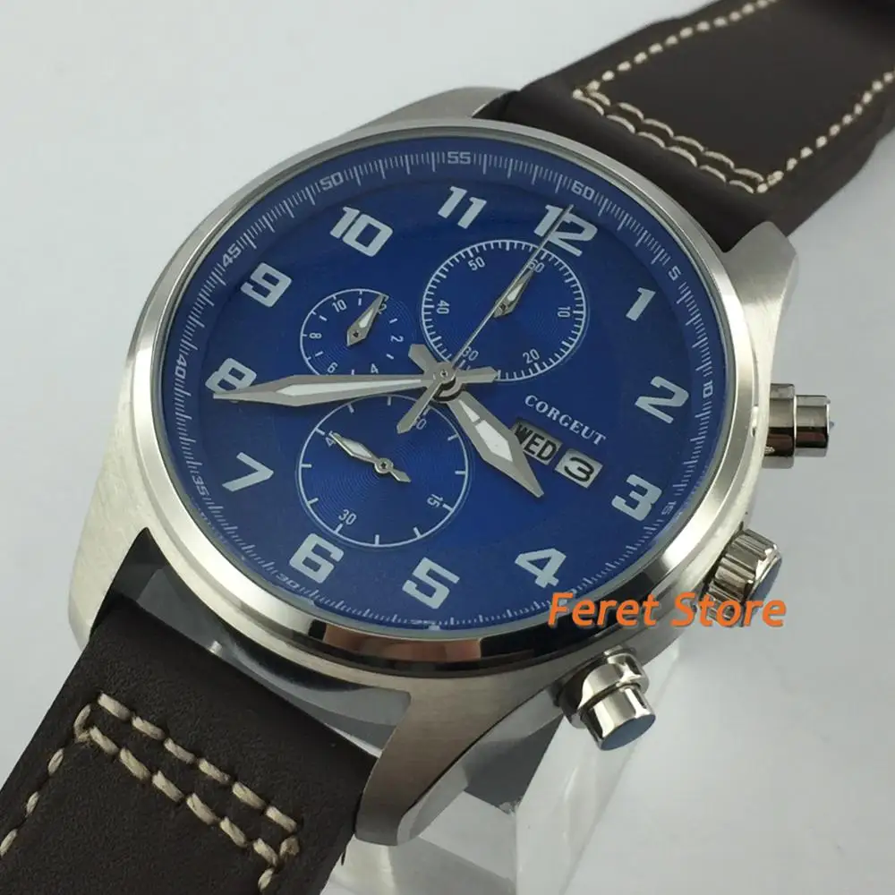 Corgeut new 41mm chronograph watch silver steel case blue dial date week leather strap men's quartz watch