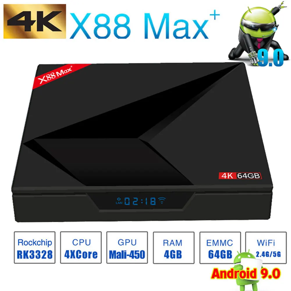 Android 9,0 ТВ-приставка 4 Гб ОЗУ 64 Гб ПЗУ X88 MAX PLUS RK3328 четырехъядерный TYPE-C 2,4G/5 ГГц двойной WiFi BT4.0 4K смарт-приставка PK 8,1