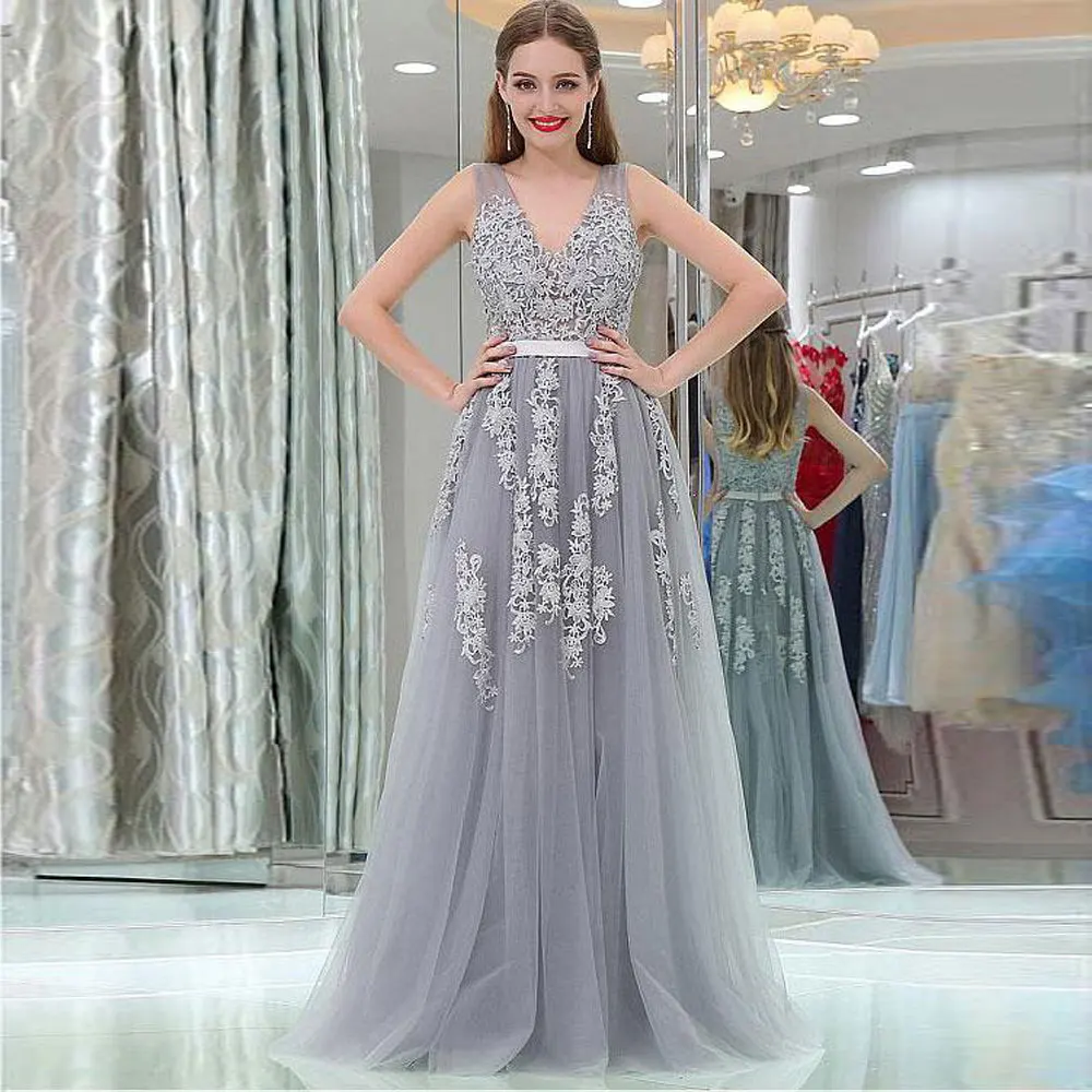 

A-line Party Dresses Net/Tulle V-Neck Sweep/Brush Applique Evening Dresses Sleeveless Draped Zipper high quality Party Gowns
