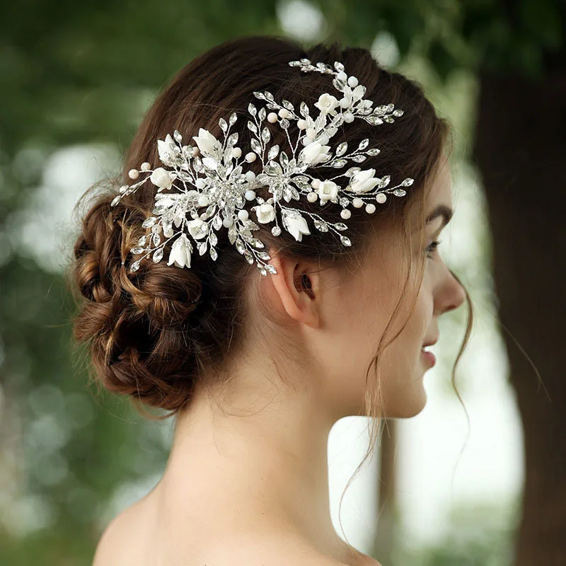 

SLBRIDAL Wired Crystal Rhinestone Wedding Ceramic Flower Hair Clip Barrettes Bridal Headdress Hair Accessories Women Jewelry