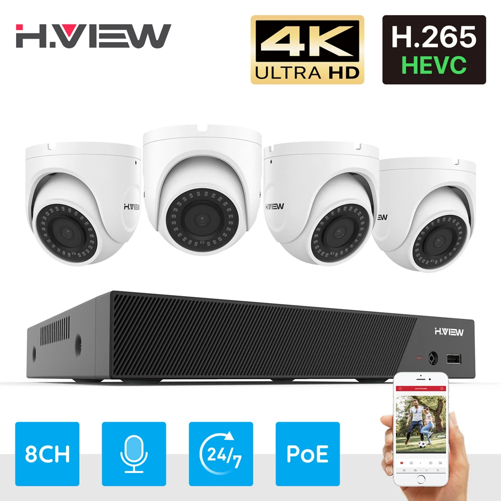 Камера видеонаблюдения H.View 4K Ultra HD купольная камера безопасности 8 Мп poe ip каналов