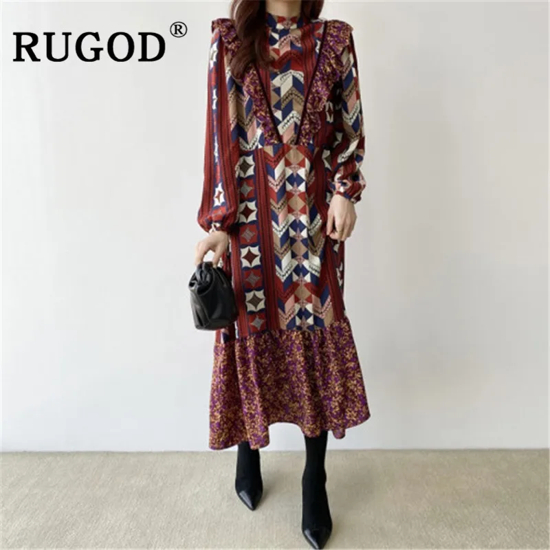 Женское винтажное платье RUGOD Длинное свободное макси с оборками и круглым