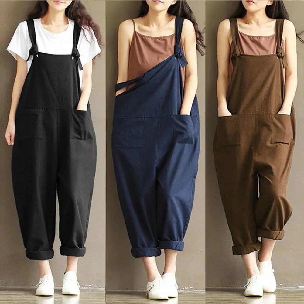 

Plus Size Solid Color Women Loose Knot Tie Cotton Linen Jumpsuit Harem Overalls