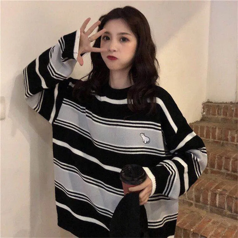 Полосатый Женский Kawaii Ulzzang Винтажный стиль круглый вырез колледж свободный свитер с облачком женский корейский Панк Тонкий милый свободный Harajuku