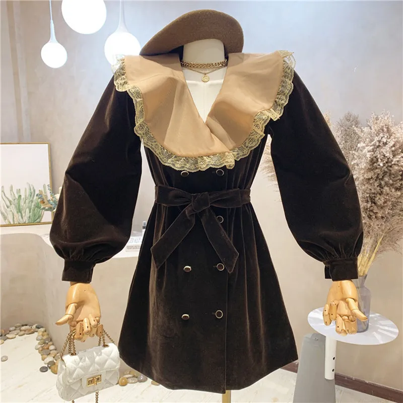 

Новинка, женская одежда нишевого дизайна, осень 2021, двухбортное бархатное платье контрастных цветов в стиле ретро с большими лацканами