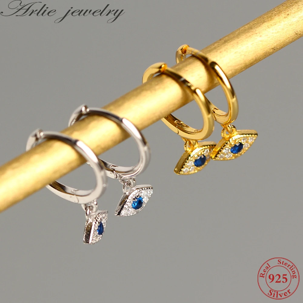 

ARLIE Genuine 100% 925 Sterling Silver Blue Zircon Evil Eyes Earrings Shiny Blue Eyes Small Stud Earrings for Women New Arrival